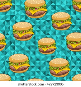 Seamless pattern with doodle hamburger on the artistic background. Endless burger illustration in vector.