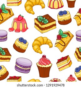 Seamless pattern of doodle hand drawn cakes and desserts. Vector illustration, cartoon style