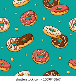 Seamless pattern with doodle hand drawn donuts on blue background. Cute vector cartoon donuts background. Perfect for wrapping, fabric and cafe menu backdrop.