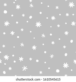 Seamless pattern with doodle hand drawn snowflakes. White on grey. Vector illustration