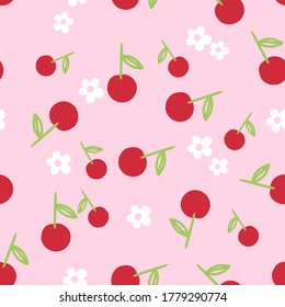 Seamless pattern of doodle hand drawn cherry fruit with green leaves and little flowers on pink background vector.