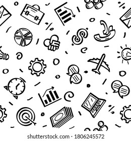 Seamless Pattern Doodle Hand Drawn Business Vector Design Style Background Mail Notebook Money Chart Team People Illustration Cartoon Icons