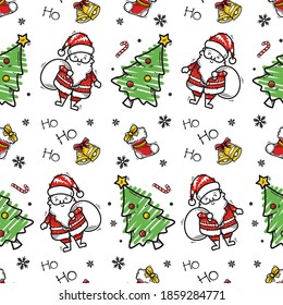 Seamless Pattern Doodle Hand Drawn Santa Claus With Christmas Tree, Bell, Sock and Candy