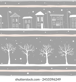 Seamless pattern of doodle hand drawn trees and houses. Great for fabric, textile, vector illustration