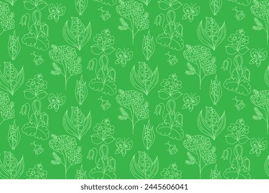 Seamless pattern. Doodle. Hand drawn wildflowers.. Green background. Vector