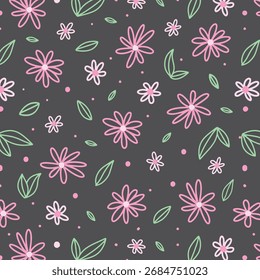Seamless pattern with doodle hand drawn daisy flower on black background vector illustration.