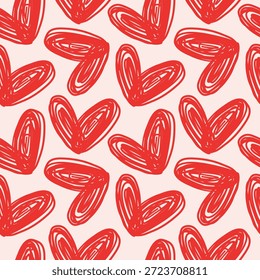 Seamless pattern with Doodle hand drawn red hearts. Holiday design for Valentine’s Day,  wedding, birthday, print, wrapping paper, fabric, wallpaper, textile