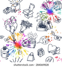 Seamless pattern with doodle hand drawn symbols of gifts, presents and celebration. Vector illustration
