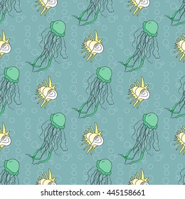 Seamless pattern with doodle hand drawn marine jellyfish and seashell. Vector sea fauna for children textile. packaging, wallpaper, fabric