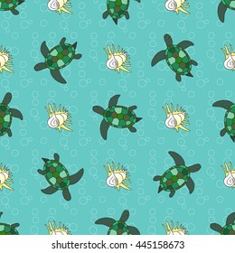 Seamless pattern with doodle hand drawn marine deep-water turtle and seashell. Vector sea fauna for children textile. packaging, wallpaper, fabric