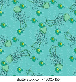 Seamless pattern with doodle hand drawn tropical marine jellyfish and fish on sea background with bubbles. Vector sea fauna for children textile. packaging, walpaper, fabric