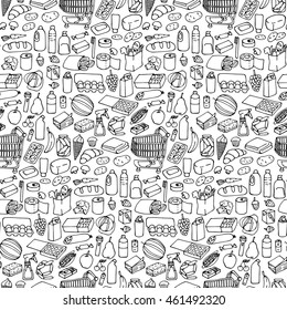 Seamless pattern with doodle hand drawn supermarket elements and objects.