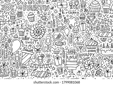 Seamless pattern of doodle happy birthday party. Hand drawn background. Vector illustration