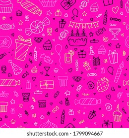 Seamless pattern of doodle happy birthday party. Hand drawn background. Vector illustration
