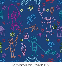 Seamless pattern doodle happy childrens drawings
