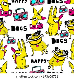 Seamless pattern with doodle happy dogs. Simple forms. Bright colours