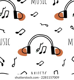 Seamless pattern Doodle headphones for music, notes