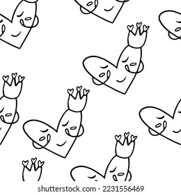 Seamless pattern Doodle heart with crown