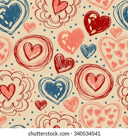 seamless pattern with doodle heart icons for valentines day, retro colors, vector illustration