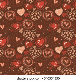 seamless pattern with doodle heart icons for valentines day, retro colors, vector illustration