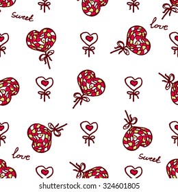 Seamless pattern with doodle heart shaped lollipops. Perfect for Saint Valentine and Sweetest day design