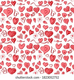 Seamless pattern with doodle heart shapes on white background. Vector illustration.