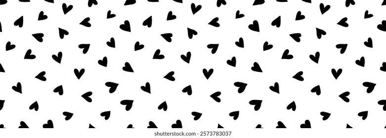 Seamless pattern with doodle hearts in black and white. The charming hand-drawn design adds a playful, romantic touch. Ideal for textiles, gift wrapping, stationery. Minimalistic vector illustration