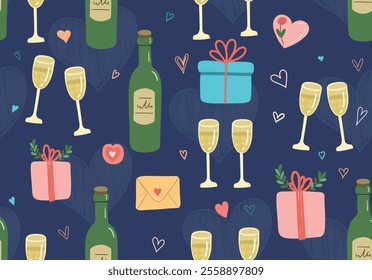 Seamless pattern doodle hearts bottle of champagne and glass
. Pattern for Valentine's Day.