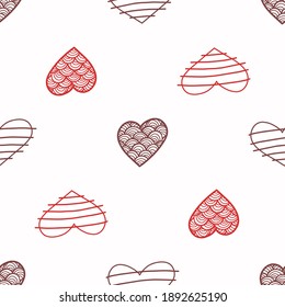 Seamless pattern of doodle hearts with decorations on white background. Love texture on Valentines Day holiday. Vector simple festive wallpaper. Gentle and delicate fabric