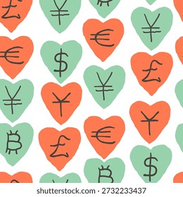 Patrón sin fisuras con corazones de garabato con dinero. Elemento para la decoración postes de correo postales postales impresión de carteles invitación de fondo de envoltura de Fondo de pantalla Anuncio textil