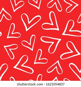 Seamless pattern with doodle hearts on  red background. Background for valentine day, love symbol concept. Vector Illustration 