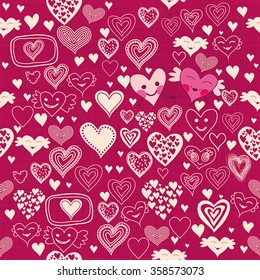 seamless pattern with doodle hearts on red texture background