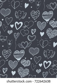Seamless pattern with doodle hearts on chalkboard. Valentine Day background. 
