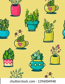 Seamless Pattern with Doodle Home Plants