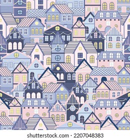 Seamless pattern of doodle houses. Great for fabric, textile vector illustration