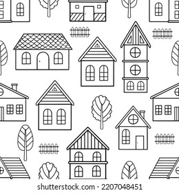 Seamless pattern of doodle houses. Great for fabric, textile vector illustration