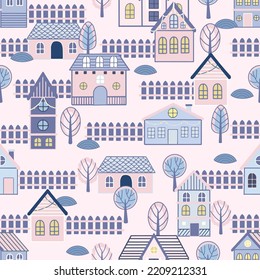 Seamless pattern of doodle houses. Great for fabric, textile vector illustration