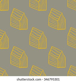 Seamless pattern with doodle houses. Hand-drawn.