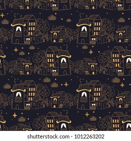 Seamless pattern with doodle houses in night. hand drawn vector illustration .cute house. Line house drawing. 