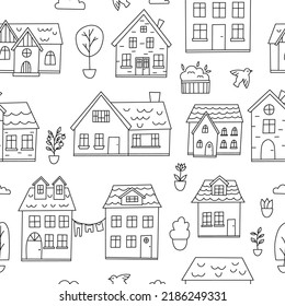 Patrón sin foco con casas de doodle, árboles, plantas y pájaros. La ciudad dibujada a mano. Ilustración vectorial en blanco y negro.