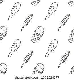 Seamless pattern doodle Ice cream with chocolate glaze, ice cream in waffle cup and popsicle on stick. Vector patterns endless. Black line Seamless pattern for wallpaper, fabric, packaging, background