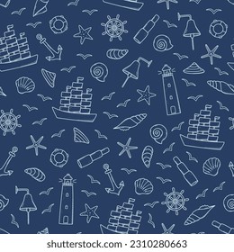 Seamless pattern doodle icons of sea life. Ship telescope shells, lifebuoy anchor steering wheel bull, lighthouse and seagulls. Vector illustration, symbols of sailors or pirates.