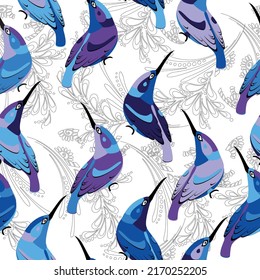 seamless pattern, doodle illustration for children, drawn funny multicolored contour owl birds on a white background, for textiles, wallpaper Print jungle seamless vector pattern