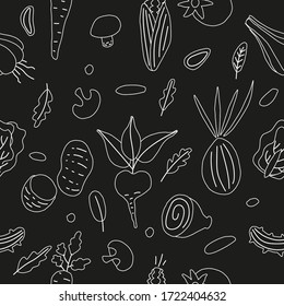 Seamless pattern doodle illustration on chalk board of vegetables for decorating menus, books, magazines, home decor.