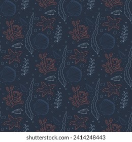 seamless pattern with doodle illustration of sea life 