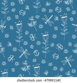 Seamless pattern in doodle with insects and flowers. Vector sketch illustration, natural background.