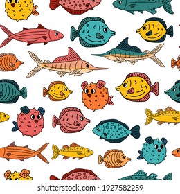 Seamless pattern of Doodle isolated animals. Set of outline cartoon vector fish, tang, flounder, tuna, ocean burrfish, sea marlin. Illustration on white background for children's book or prints