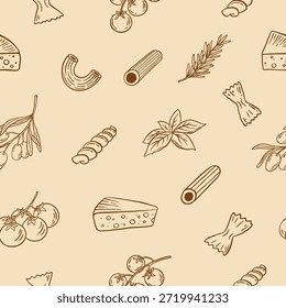 Patrón sin fisuras de pasta italiana doodle, queso, tomates, aceitunas y hierbas sobre fondo beige. Ilustración vectorial dibujada a mano 
