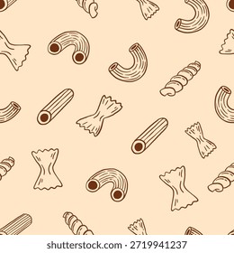 Nahtloses Muster aus doodle italienischen Nudeln mit Makkaroni, Penne, Fusilli und Farfalle. Handgezeichnete Vektorgrafik 