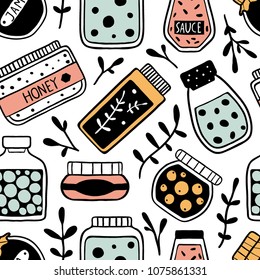 Seamless pattern with doodle jars and herbs. Hand drawn vector illustration of cute different shape jars and bottles: jam, sauce, honey. Black and white sketch. 